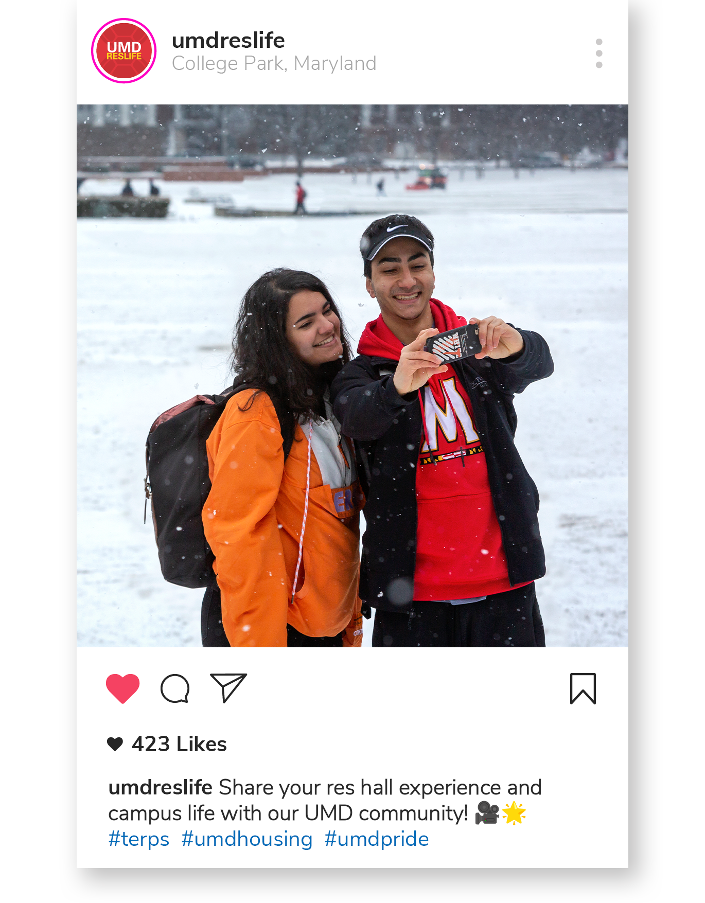 instagram post with picture of two students taking a selfie on a snowy day