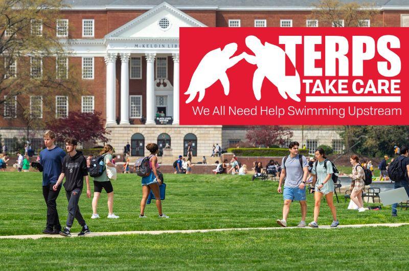students walking across McKeldin Mall with Terps Take Care logo on top right