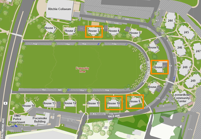 map view of fraternity row with chapter houses 3, 7, 9, and 10 highlighted