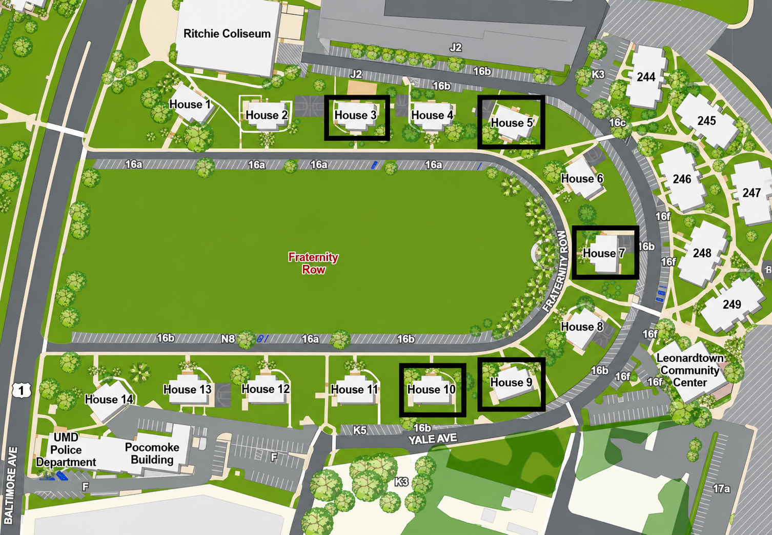 map view of fraternity row horseshoe with chapter houses 3, 5, 7, 9, and 10 highlighted.