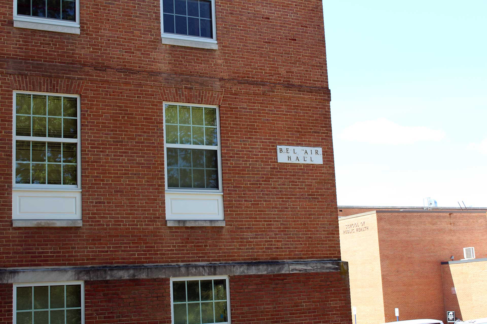 close up of Bel Air Hall exterior building sign