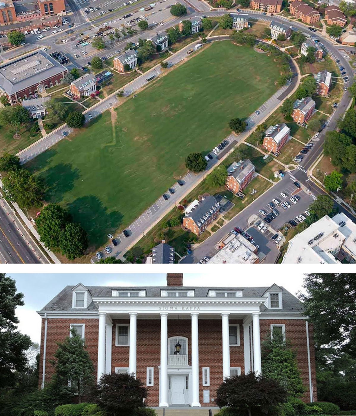 Aerial view of a horseshoe-shaped green field surrounded by large brick fraternity and sorority houses.