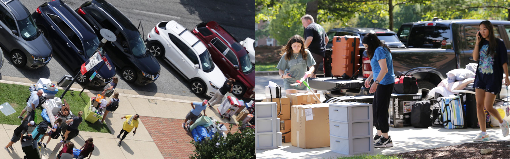 cars parked in loading zone in front of a residence hall during moving day