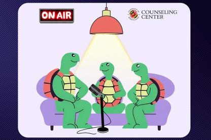 Illustration of three cartoon turtles sitting on couches and speaking into a microphone under a hanging light. An "On Air" sign is lit up.
