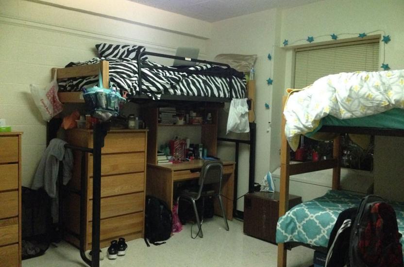 triple room with bunk beds and a single elevated bed with desk underneath