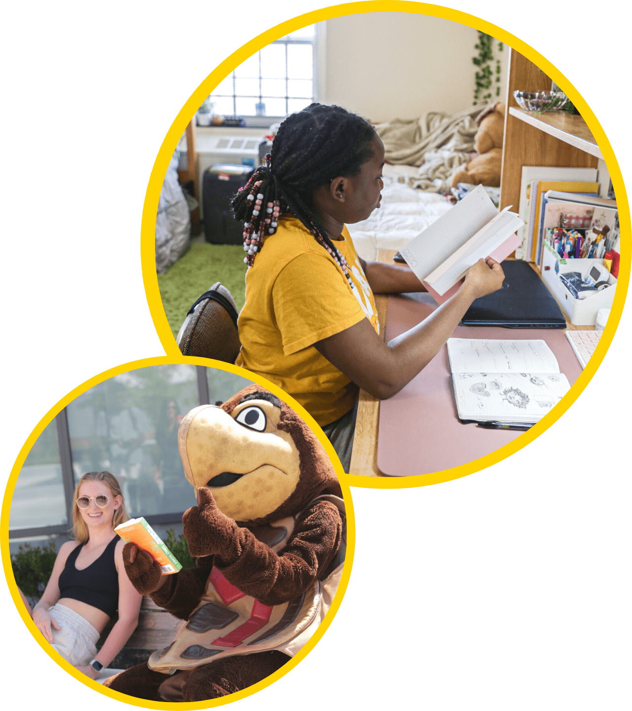 two circular images, one showing testudo holding a book sitting next to a student and the other showing a student at her desk reading