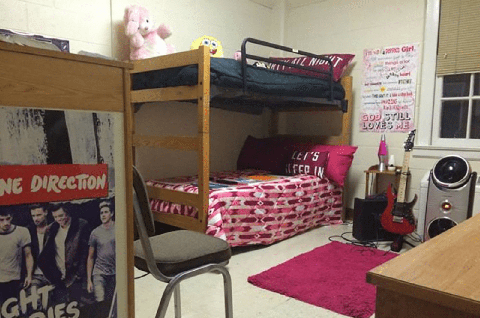 double room with beds arranged as bunk beds facing same direction