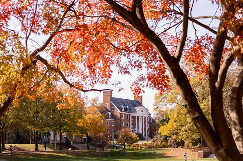 A brick campus building with white columns is framed by vibrant red and orange autumn leaves.